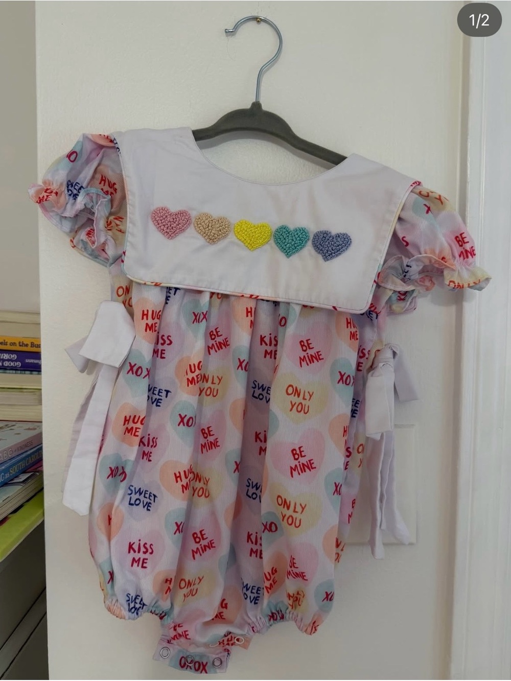 Girls Heart Appliqué Bubble Romper - Pastel Multi Hearts